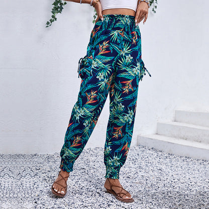 Damen Cargo-Hose Elastischer Bund Bunter Blätter-Print