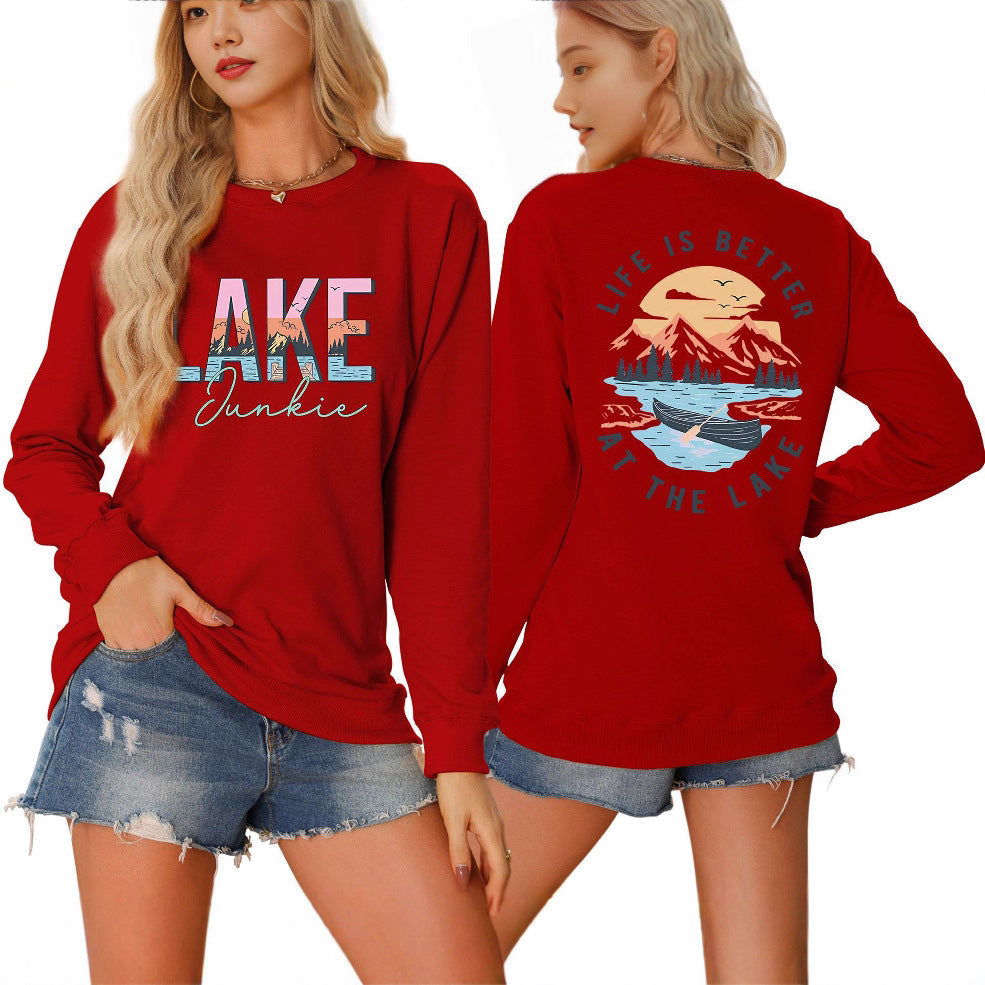 Damen Langarmshirt Lake-Motiv Leicht Baumwolle Weiß - Eveloria
