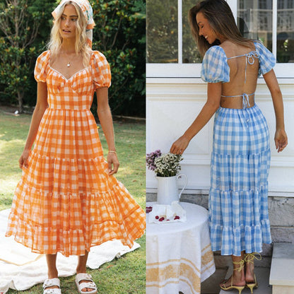 Damen Maxi-Kleid V-Rücken Rüschen Karomuster - Eveloria