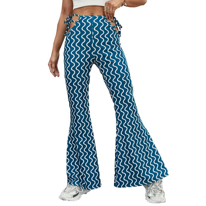 Damen High-Waist Schlaghose Wellenmuster mit Schnürung