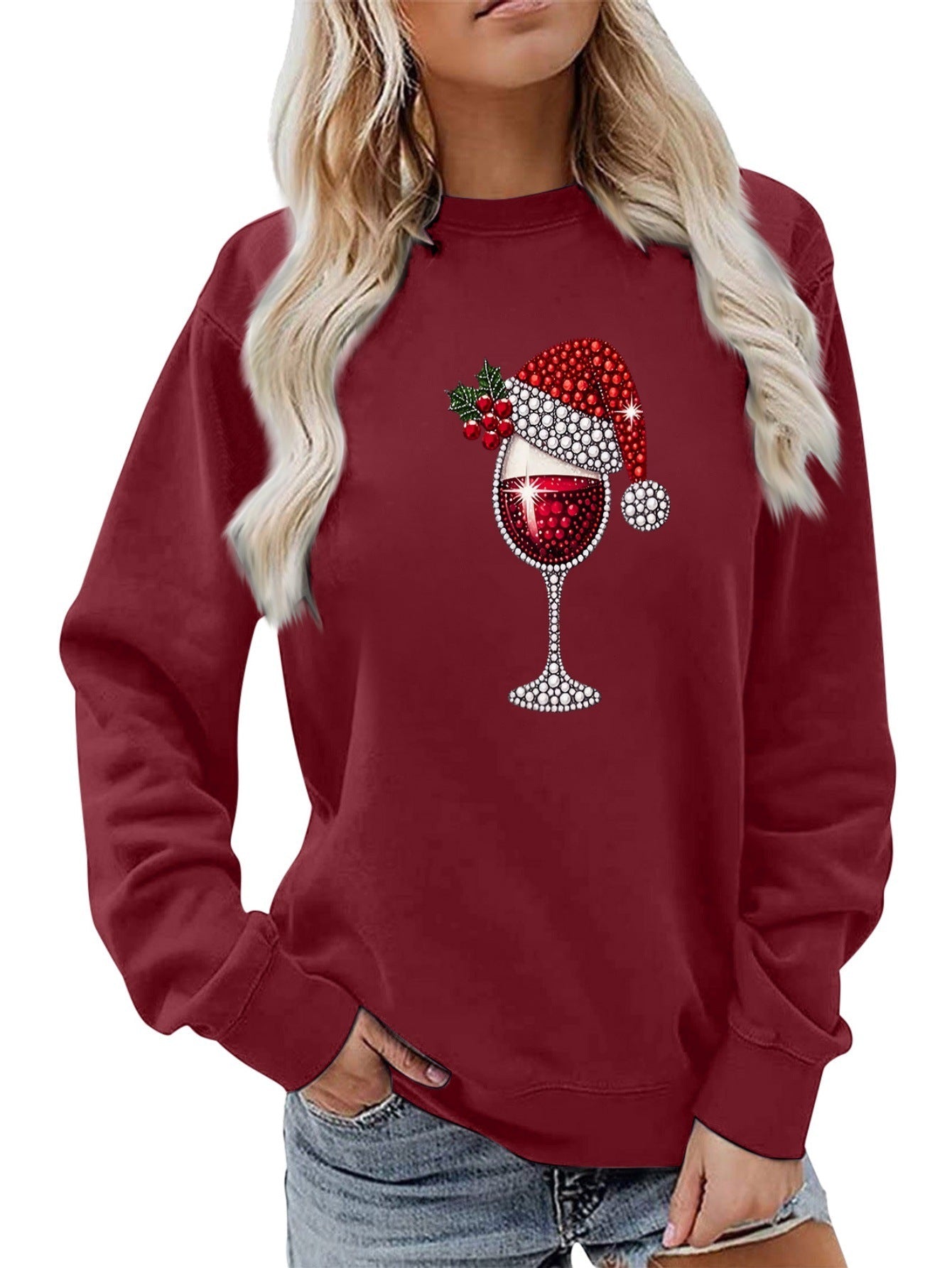Damen Sweatshirt Weich Innenfutter Weinmotiv Eveloria