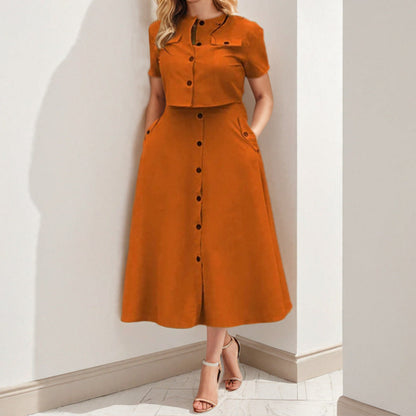 Damen Midi Kleid Knöpfbarem Oberteil Taillierte Silhouette