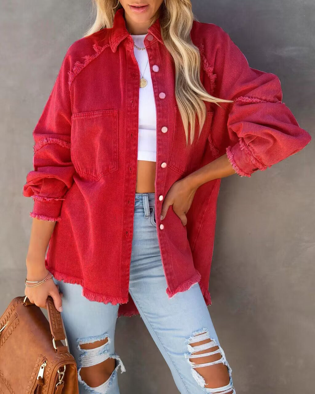 Damen Oversized Denim-Hemd mit Fransen