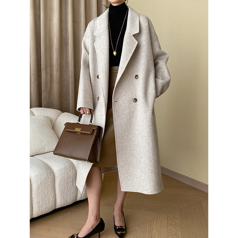 Damen Wollmantel Eleganter Doppelknopf Weit Schnitt Schwarz Eveloria - Eveloria