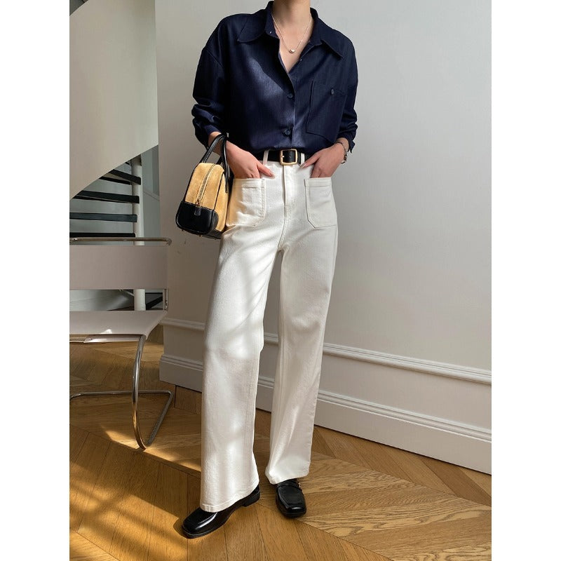 Damen Hemdbluse Baumwoll Offene Knöpfe Elegante Passform Weiß