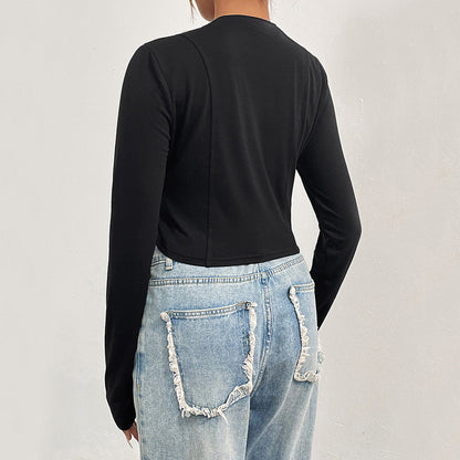Damen Cropped Langarmshirt mit Aufdruck Dunkelblau