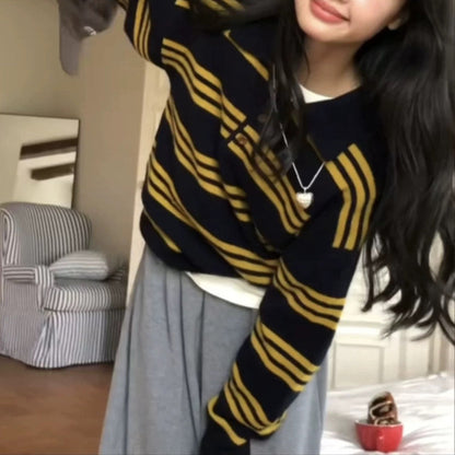 Damen Strickpullover mit Knöpfen und Streifenmuster