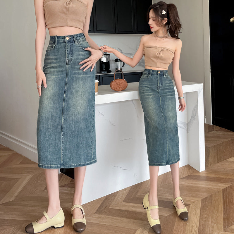 Damen Denimrock Lang Frontschlitz Blau Eveloria