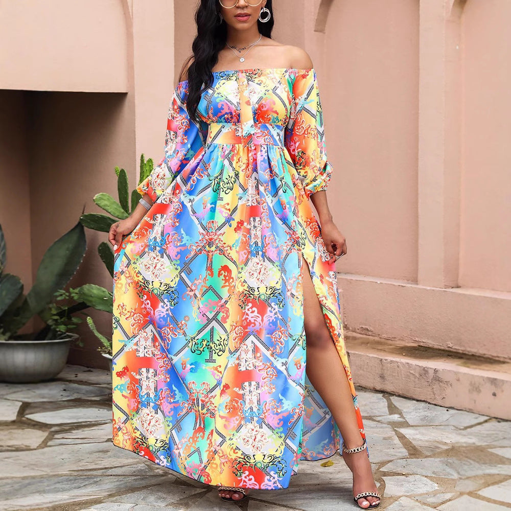 Damen Maxikleid Schulterfrei Elegant Print