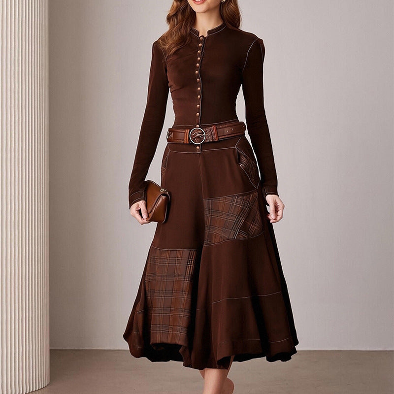 Damen Elegantes Midi-Kleid Knopfleiste Kontrastdetails