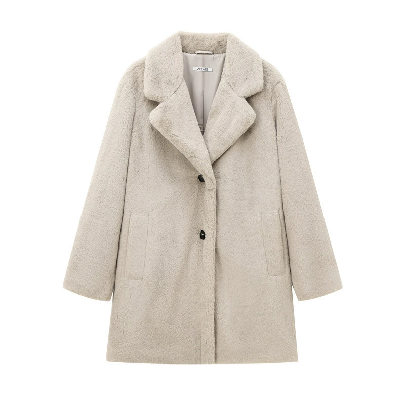 Damen Teddy-Mantel Großer Reverskragen Dick Warm Beige