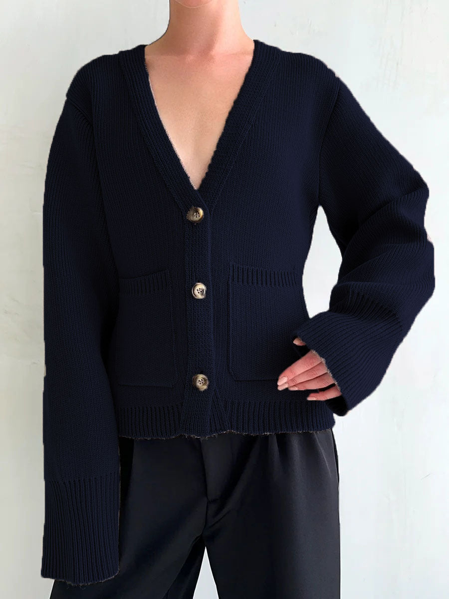 Damen Strickjacke V-Ausschnitt Große Taschen Eveloria