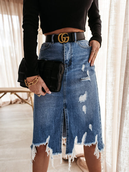 Damen Denim-Rock Asymmetrisch Destroyed Blau