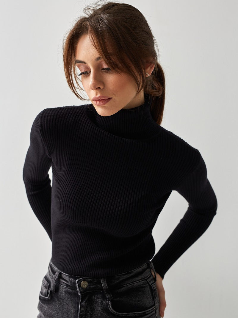 Damen Pullover Lang Hohler Kragen Feine Rippenstruktur Beige
