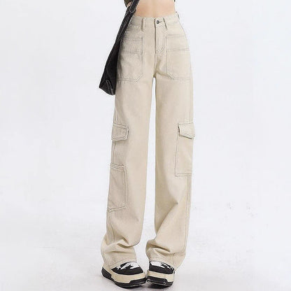 Damen High-Waist Cargo-Jeans mit Taschen Schwarz Eveloria - Eveloria