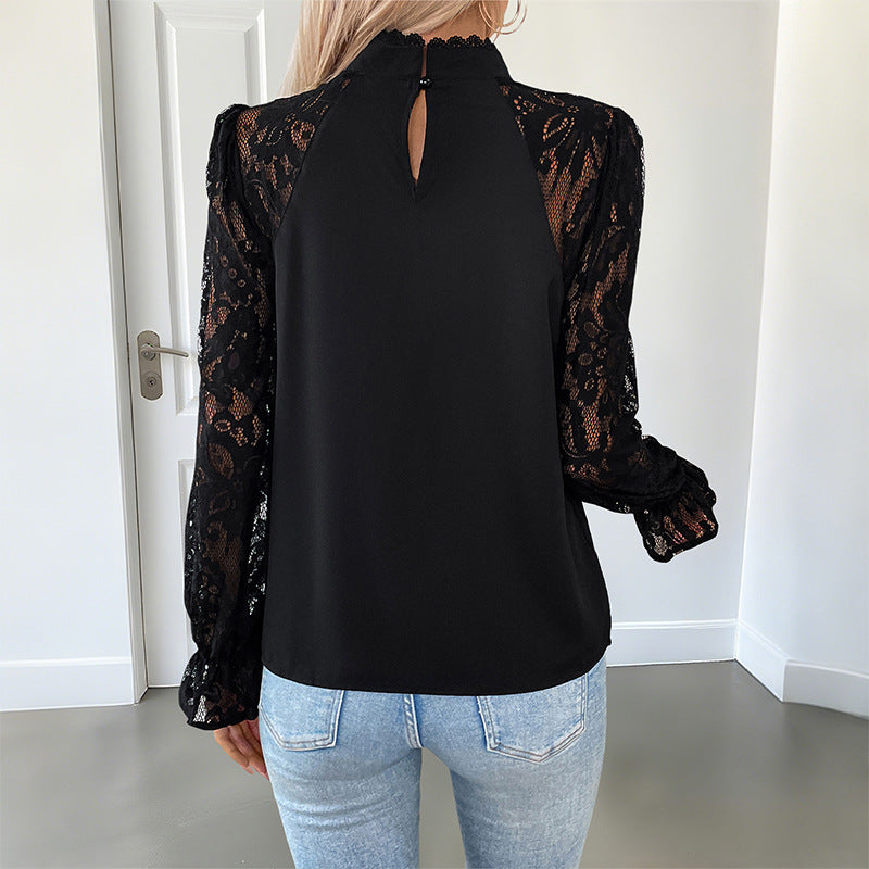 Damen Bluse Spitzenärmel Stehkragen Elegante Weiss
