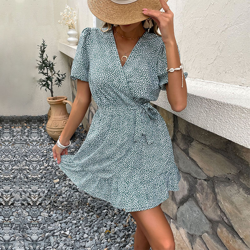Damen Wickelkleid Blümchenmuster Elastischer Taillengürtel Kurze Ärmel