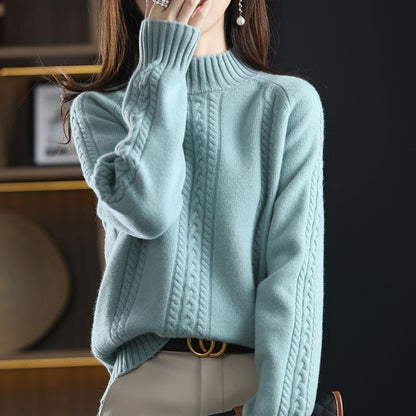 Damen Strickpullover Kuscheliger Zopfmuster Hochkragen Beige - Eveloria