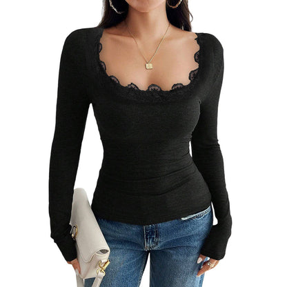 Damen Langarmshirt Spitzenrand Figurbetonter Stil