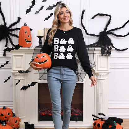 Damen Halloween Pullover Gestrickt Geistermotiv Weite Passform