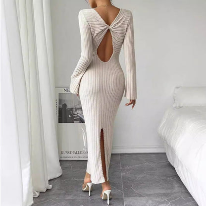 Damen Langarm Strickkleid Rundhalsausschnitt Figurbetonend