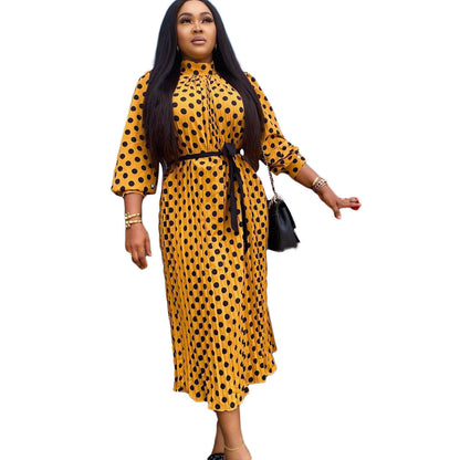 Damen Maxikleid Stehkragen Taillengürtel Elegant