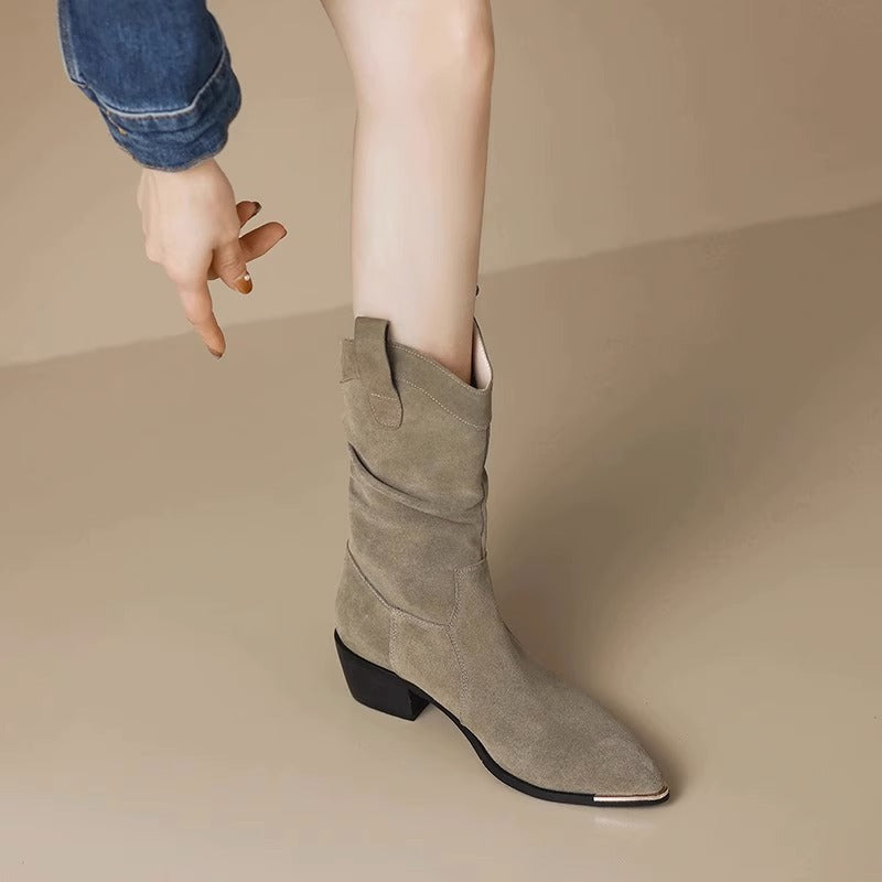 Damen Stiefel Wildlederoptik Oberschenkelhoch Spitz Metallkappe