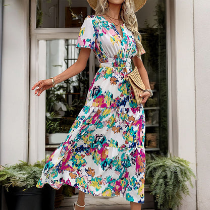 Damen Maxi-Kleid Elastischer Gürtel Verspielt Farben Eveloria