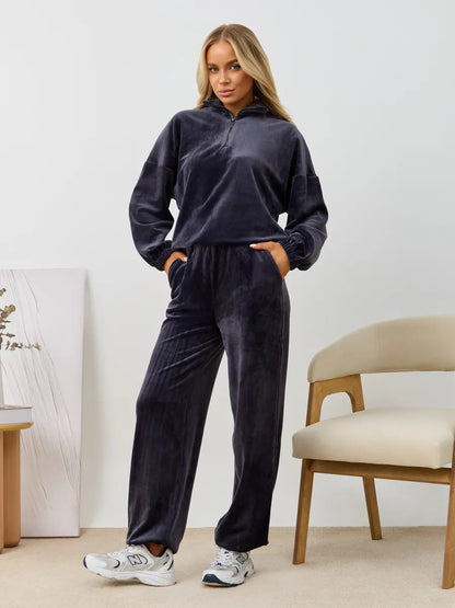 Damen Velours Jogginganzug Hochgeschlossener Kragen Elastisch