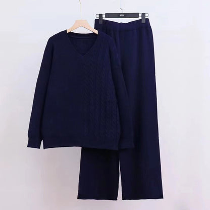 Damen Feinstrickpullover und weite Hose V-Ausschnitt Zopfdesign