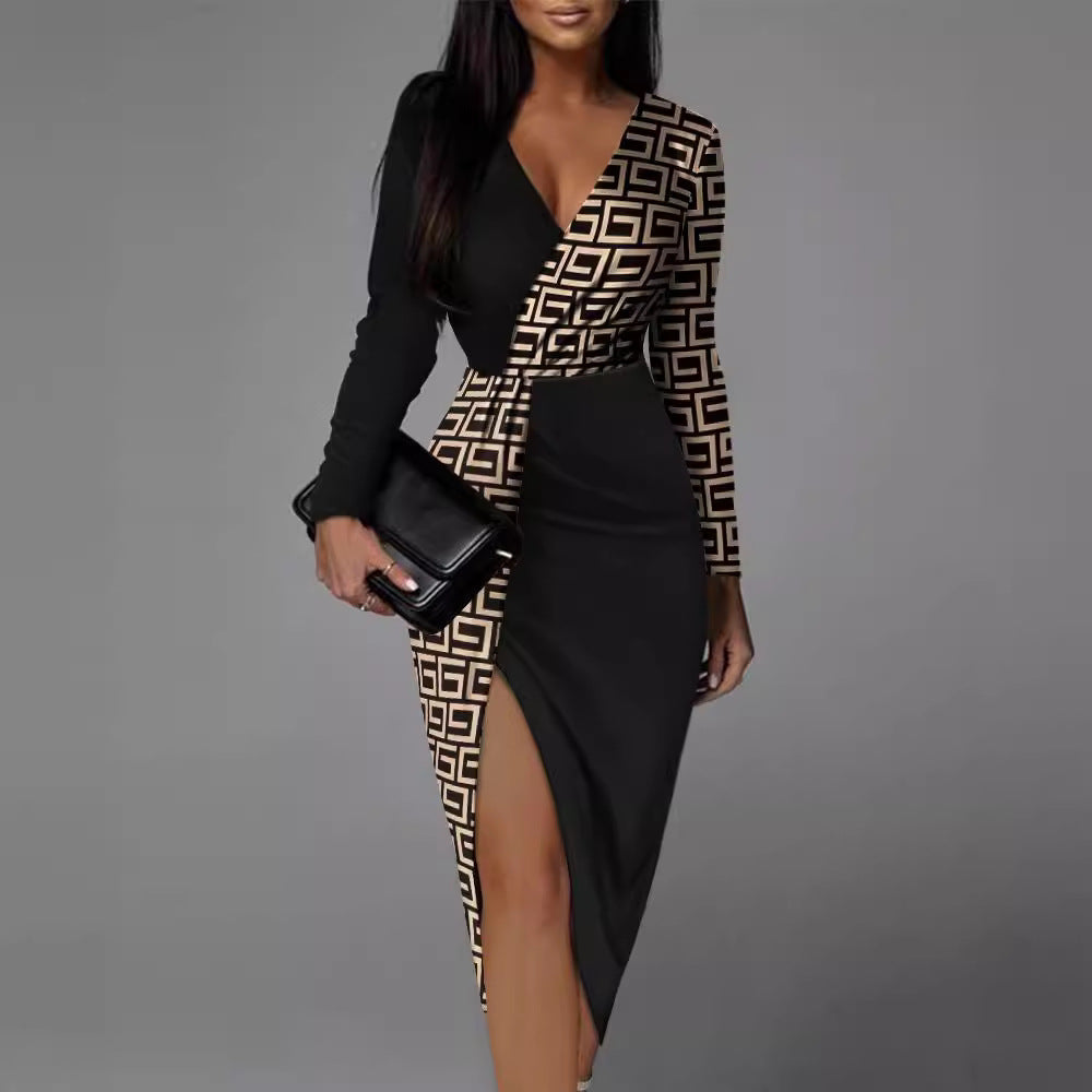 Damen Wickelkleid mit grafischem Muster und hohem Schlitz