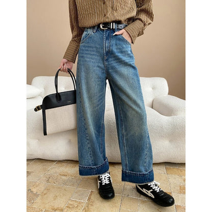 Damen Jeansjacke Lässig Kontrastkragen Große Taschen Blau Eveloria - Eveloria