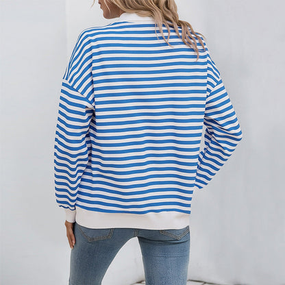 Damen Sweatshirt Gestreift Kapuze Sportkragen Grau
