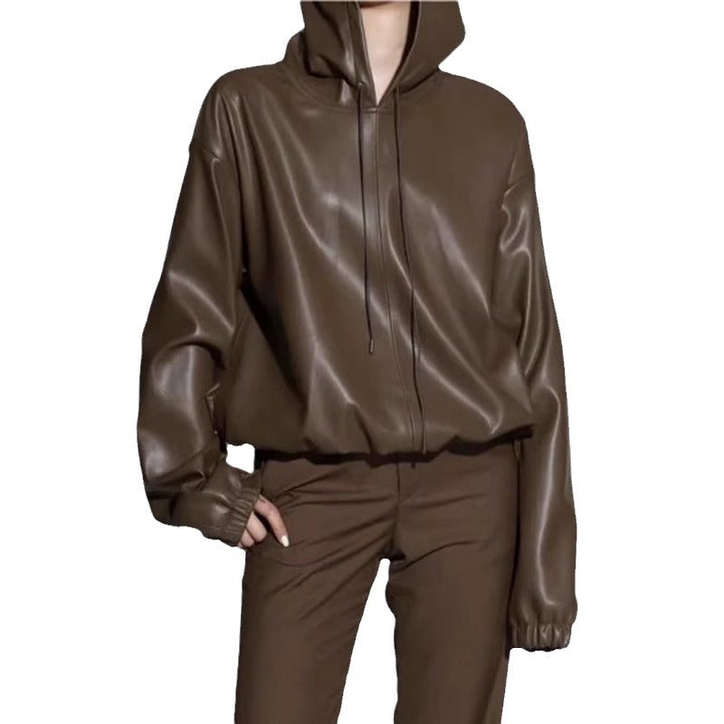 Damen Kunstlederjacke mit Kapuze Eveloria