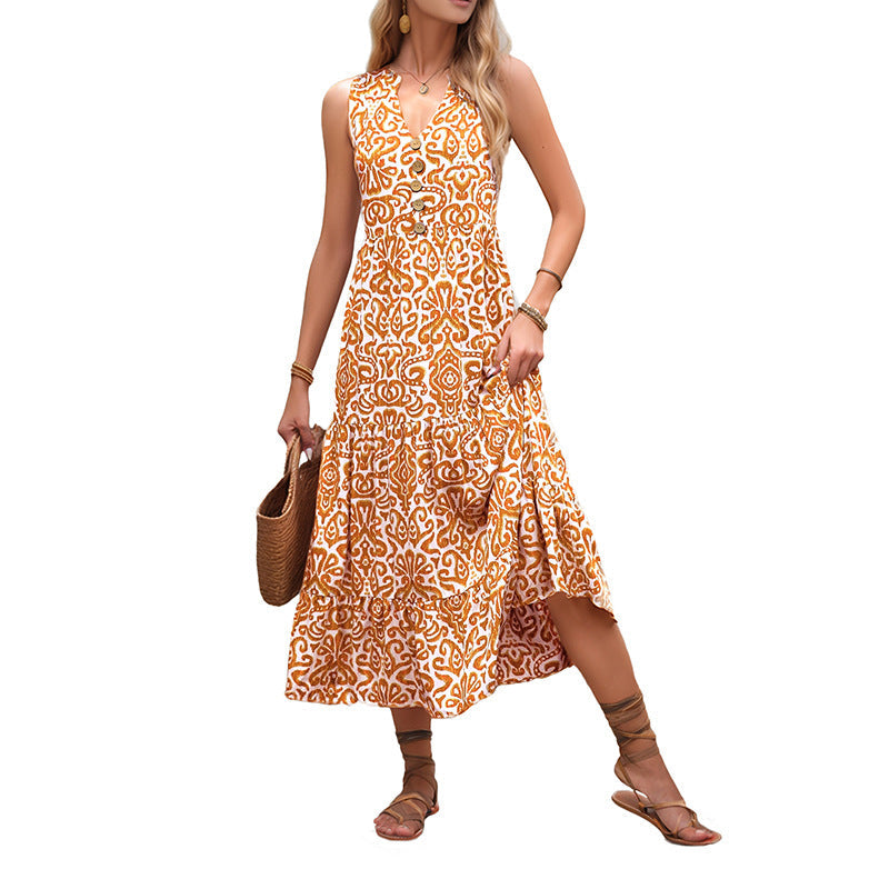 Damen Maxikleid Floralmuster Knöpfe Eveloria