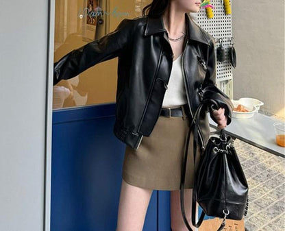 Damen Kunstlederjacke Klassisches Revers Eveloria
