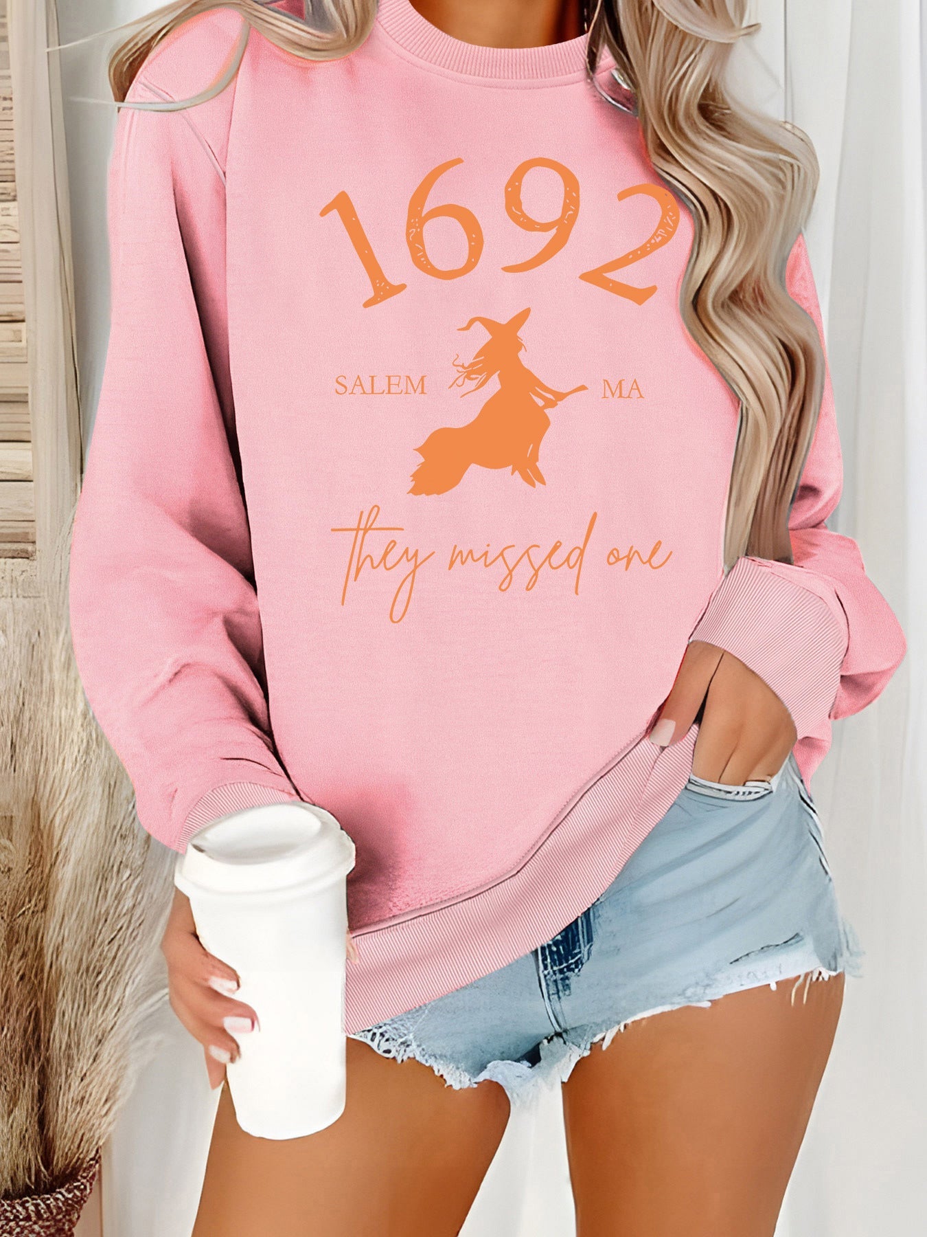 Damen Sweatshirt Witch-Motiv Baumwolle Gemütlich Grau