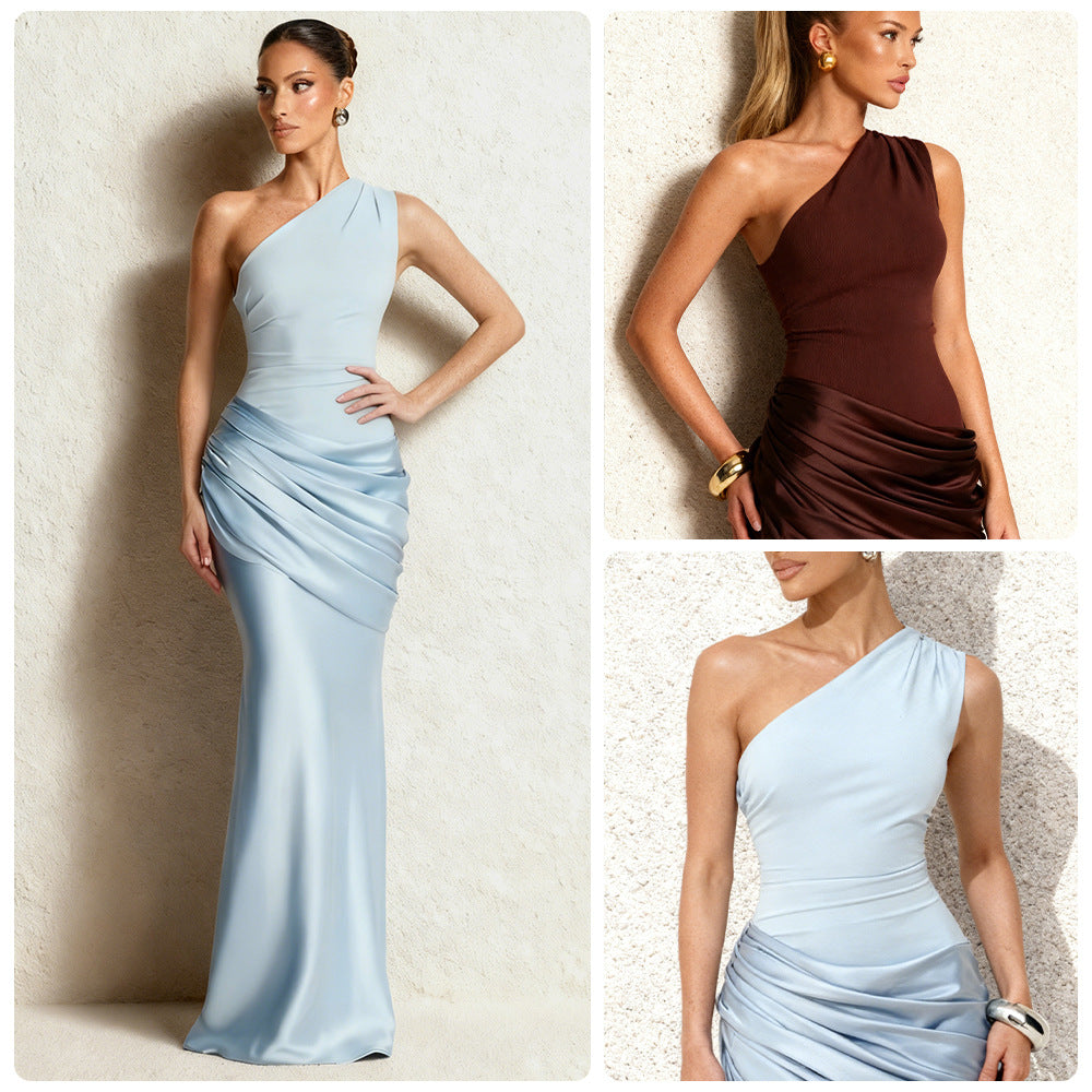 Damen Abendkleid Asymmetrisch Satin Schwarz Eveloria - Eveloria