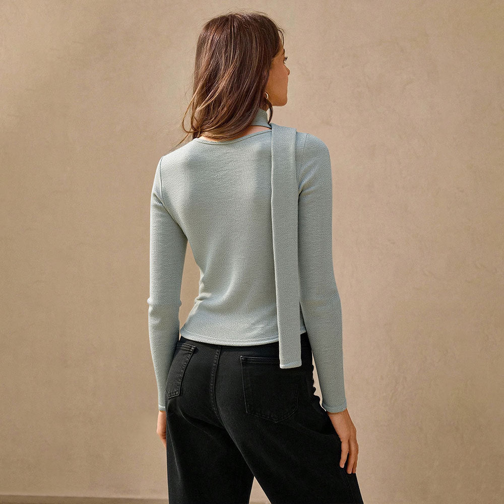 Damen Langarmshirt V-Ausschnitt Knöpfe Baumwolle Weiß