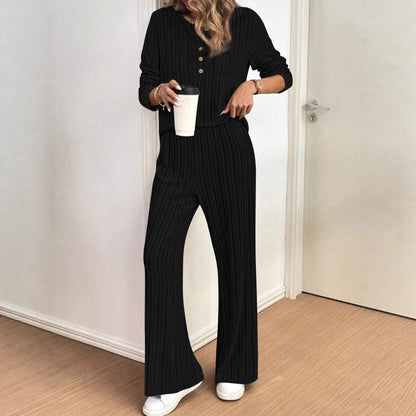 Damen Strickanzug Rippdesign Knopfleiste Schwarz - Eveloria