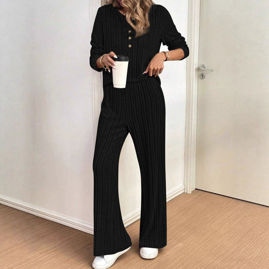 Damen Strickanzug Rippdesign Knopfleiste Schwarz - Eveloria