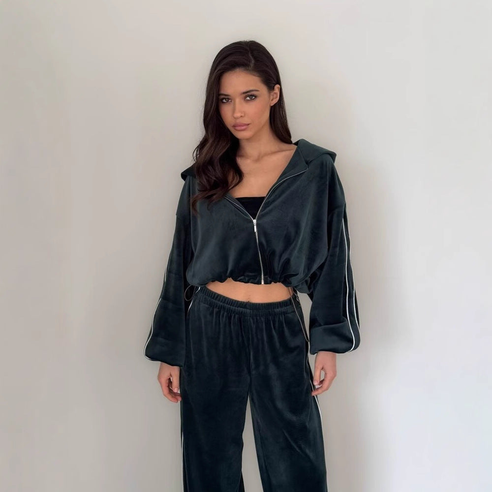 Damen Velours Loungewear Set Cropped Oberteil Weite Hose
