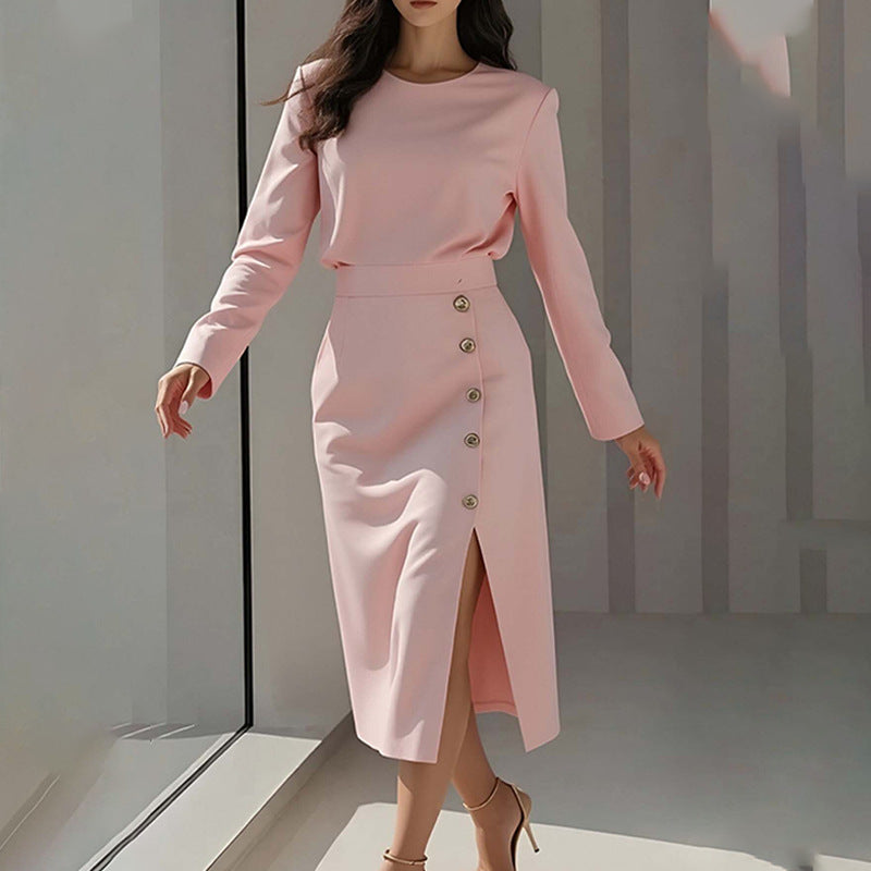 Damen Elegantes Midi-Kleid mit Knopfdetail und Seitenschlitz