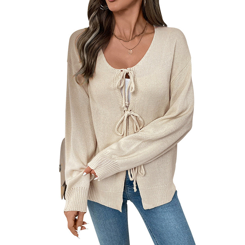 Damen Strickpullover Lässig Verstellbarer Kordelzug Feminin Beige