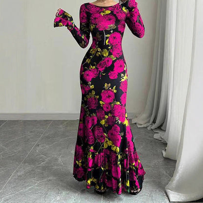 Damen Maxikleid mit Rüschendetails und langem Arm Floral Eveloria
