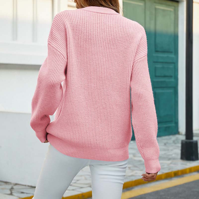 Grauer Damen Strickpullover Rundhals Knopfleiste