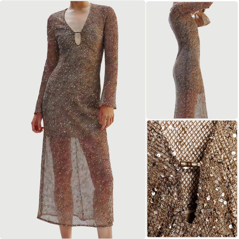 Damen Paillettenkleid mit V-Ausschnitt und langen Ärmeln Eveloria - Eveloria