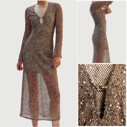 Damen Paillettenkleid mit V-Ausschnitt und langen Ärmeln Eveloria - Eveloria