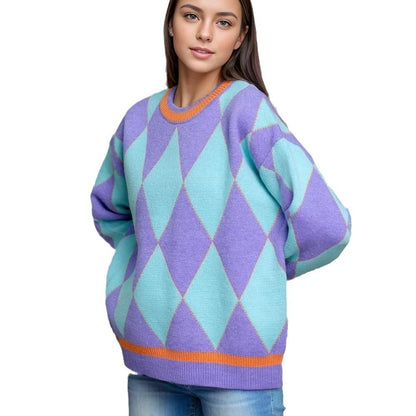 Damen Pullover Rautenmuster Groß Minimalistisch Eveloria