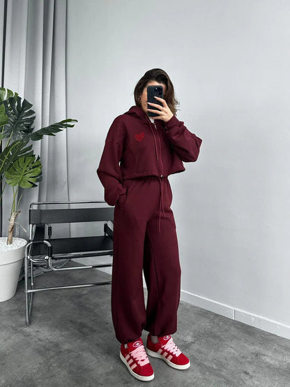 Damen Sportliches Hoodie-Set Cropped mit lockerer Hose Eveloria